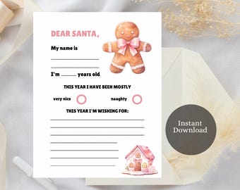 Dear Santa Kids Printable, Kids Christmas List Printable, Christmas Wish List Printable, Gingerbread Man, Pastel Colored