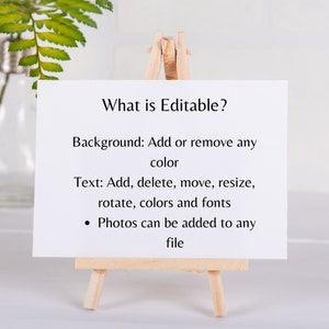 May include: A small wooden easel with a white card that says "What is Editable?"  Background: Add or remove any colour. Text: Add, delete, move, resize, rotate, colours and fonts. Photos can be added to any file.