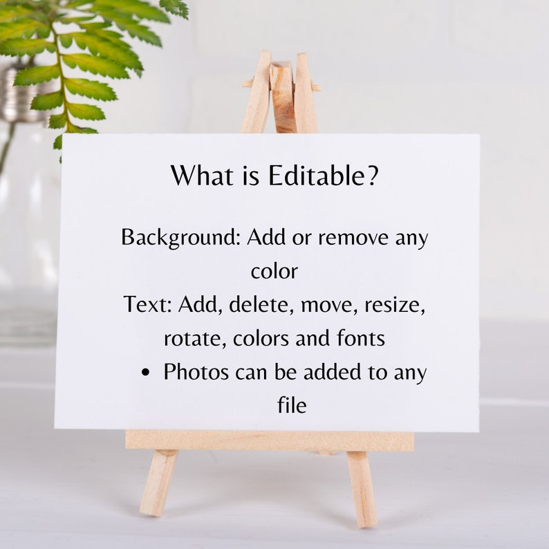 May include: A small wooden easel with a white card that says "What is Editable?"  Background: Add or remove any colour. Text: Add, delete, move, resize, rotate, colours and fonts. Photos can be added to any file.