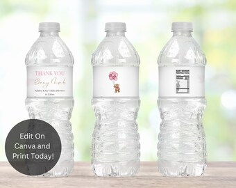 May include: Three clear plastic water bottles with labels. The labels are white with pink and brown accents. The center label has a teddy bear holding pink balloons. The left label says "Thank You" and "Baby Noah". The right label says "Baby Shower Nutrition Facts".