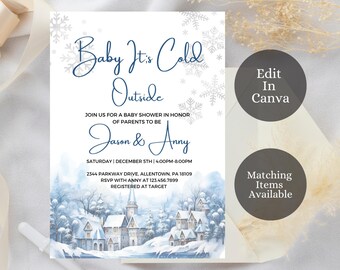 Baby it's Cold Outside Shower Invitation, Winter Themed Baby Shower, Blue Winter Wonderland Baby Shower Invitation, BC1