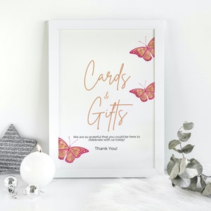 Butterfly Baby Shower, Editable Cards and Gifts Sign Printable, Shower Gift Table Sign,Tabletop Reception Sign, 3 Sizes, RGB1