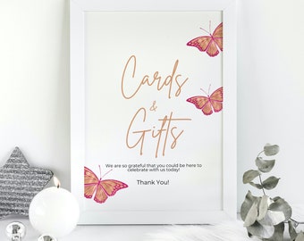 Butterfly Baby Shower, Editable Cards and Gifts Sign Printable, Shower Gift Table Sign,Tabletop Reception Sign, 3 Sizes, RGB1