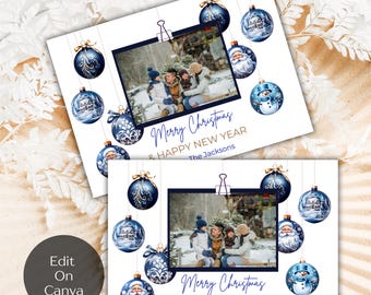 Tarjeta navideña con foto editable, tarjeta festiva con foto, tarjeta festiva editable, tarjeta navideña, plantilla de tarjeta festiva en azul real y dorado
