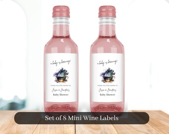 Set of 8 Printed Baby is Brewing Mini Wine Labels, Witch Baby Shower, Halloween Themed Mini Wine Labels, Baby Shower Labels, HBS1