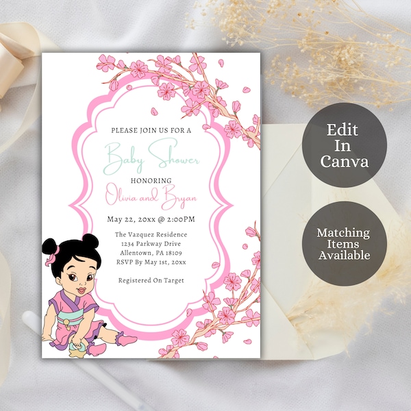 Editable Baby Princess Baby Shower Invitation, Baby Shower Invitation, Cherry Blossoms, Princess Mulan Baby Shower, PBM1