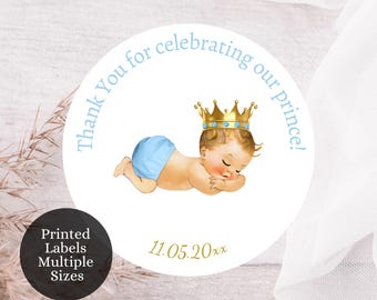 Royal Prince PRINTED Baby Shower Round Thank You Labels, Multiple Sizes, Baby Blue Gold Diaper Baby, Royal Prince Favor Labels, AB5