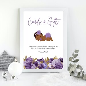 Bearbeitbare Babypartykarten und Geschenke Schild, Baby Lila Gold Blumen Babyparty Dekor, Frühlingsduschenparty Schild, Baby Girl, PAF1