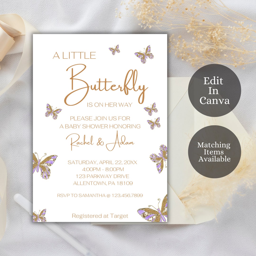 Editable Purple and Gold Butterfly Baby Shower Invitation, Butterfly