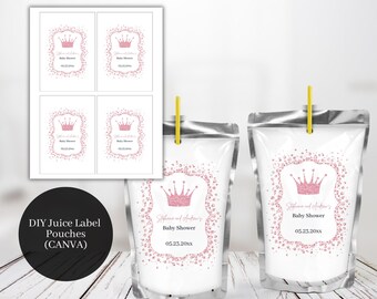 Könnte beinhalten: Vier bedruckbare Etiketten mit einem rosafarbenen Kronen- und Glitzerdesign für Saftbeutel. Die Etiketten zeigen "Baby Shower" und ein Datum. Zwei Saftbeutel mit dem gleichen Design sind abgebildet.