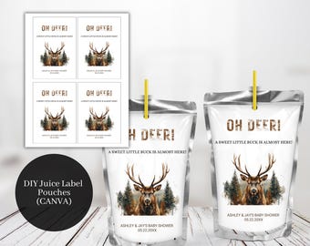 May include: DIY juice pouch labels with a woodland theme. The labels feature a brown deer with antlers in a forest setting. The text on the labels reads "Oh Deer! A Sweet Little Buck Is Almost Here!" and "Ashley & Jay's Baby Shower 05.22.20XX".