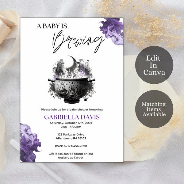 Editable A Baby is Brewing Halloween Baby Shower Invitation, Witches Cauldron Invitation, Gender Neutral Baby Shower, HBS3