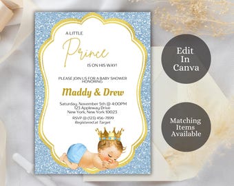 Invitación editable para baby shower de Príncipe Real en azul y dorado, invitación para baby shower de Príncipe, invitación para baby shower de Príncipe Azul, AB5