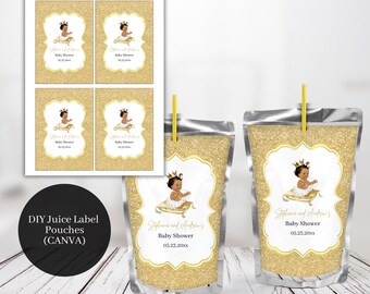 Könnte beinhalten: Goldene Babyparty-Saftbeutel mit Glitzer und einem passenden Etikettenbogen. Jedes Etikett zeigt ein Baby mit Krone. Der Text auf den Etiketten lautet "Stephanie and Andrew's Baby Shower 05.23.20xx".