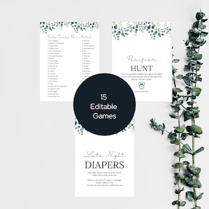 15 Editable Baby Shower Party Games Bundle, Greenery Eucalyptus Baby Shower Games, Eucalyptus Baby Shower, Gender Neutral, EUC1