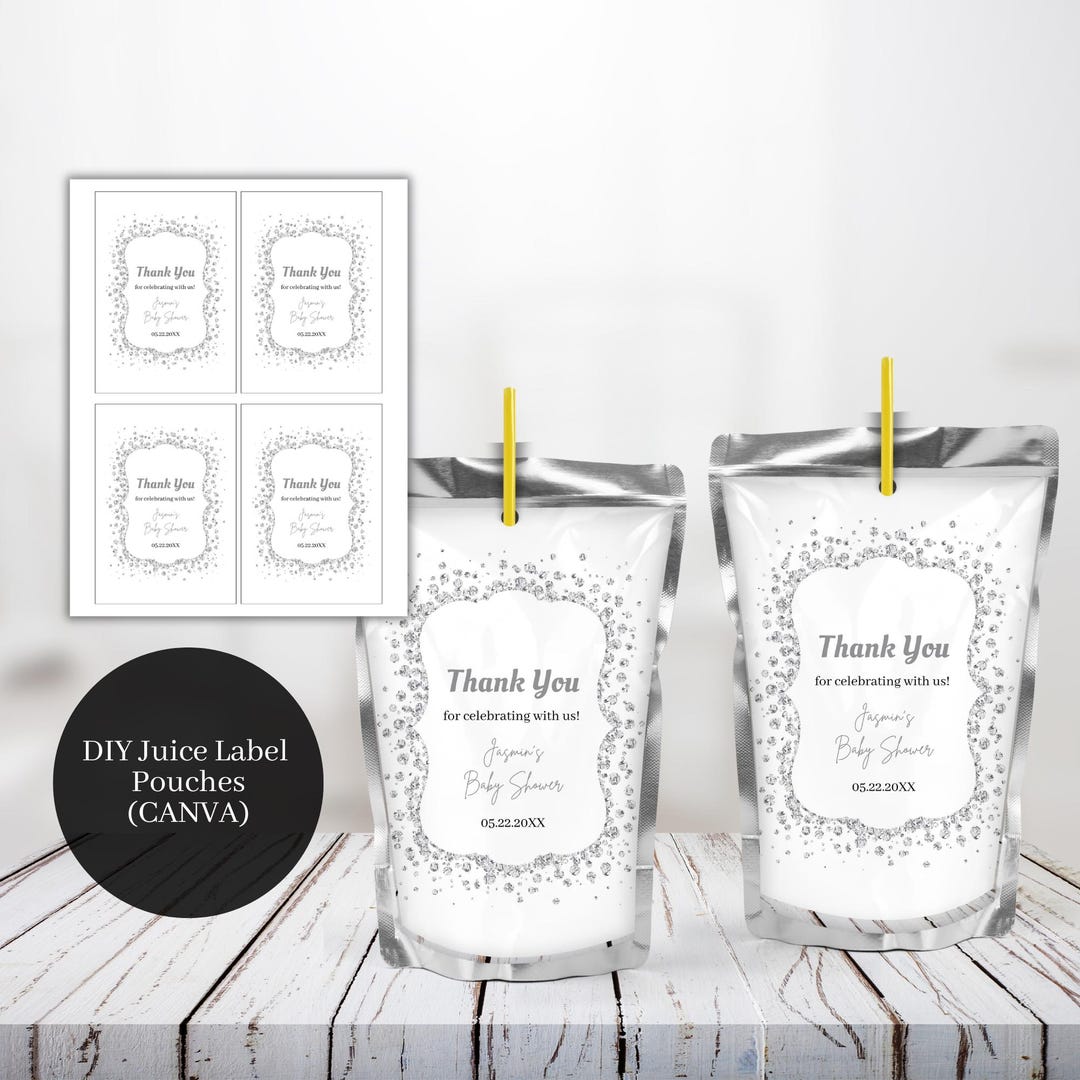 Editable Silver Minimalist Juice Label, Baby Shower Party Favor Labels ...