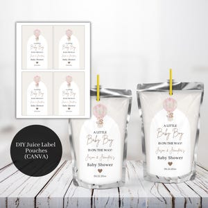 May include: DIY juice label pouches for a baby shower. The design features a hot air balloon graphic and the text "A Little Baby Boy Is On The Way!" with the names Jason & Jennifer and the date 05.22.20xx.