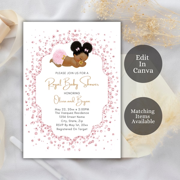 Editable Baby Shower Invitation, Pink Tutu Baby Girl, Pink and Gold Glitter, Afro Baby Girl Baby Shower, Princess Shower, PP2