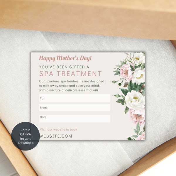 Mother's Day Spa Treatment Surprise Gift Voucher, Spa Day, Spa Voucher Certificate, Mother's Day Printable, CANVA