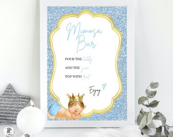 Editable Royal Prince Baby Shower Mimosa Sign, Baby Shower Bar Sign, Brunch and Bubbly Sign, Blue and Gold Themed Bubbly Bar Sign, AB5