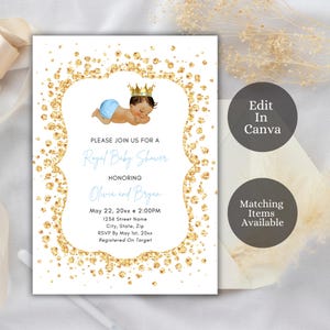 Convites editáveis para chá de bebê do Príncipe Real, chá de bebê do Príncipe Real, convite para chá de bebê de menino, azul e dourado, CANVA, AB2