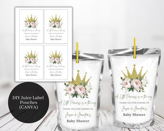 Druckbare Saftetiketten, Royal Prinzessin Babyparty, rosa Blumenkrone, Baby Girl, Babyparty, Etikettenvorlagen, Prinzessin1