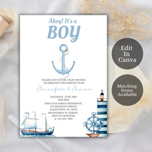 Editable Ahoy It’s A Boy Baby Shower Invitation, Nautical Baby Shower Invite, Blue Nautical Baby Shower, Nautical Baby Shower, NB1