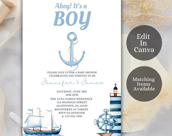 May include: Ahoy! It's a Boy baby shower invitation with a blue anchor, lighthouse, and sailboat on a white background. The invitation includes the date, time, location, and RSVP information.