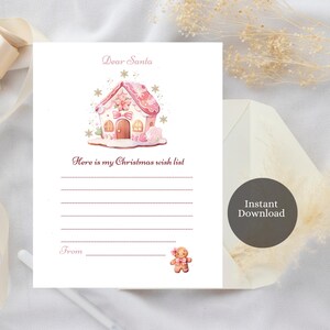 Meine Weihnachtswünsche Wunschliste Vorlage, rosa Lebkuchenhaus, rosa Lebkuchenmädchen, Weihnachtswunschliste zum ausdrucken, Sofort Download