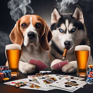 Dos perros jugando a las cartas, bebiendo y fumando, humor animal, mesa de cartas, mesa de billar, decoración de pared, regalo, cueva del hombre, DLF Photo