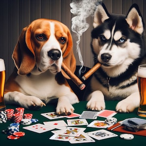 Beagle e husky fumando charutos, jogo de azar, animal, humor, mesa de cartas, mesa de sinuca, decoração de parede, presente, caverna do homem DLF Photo