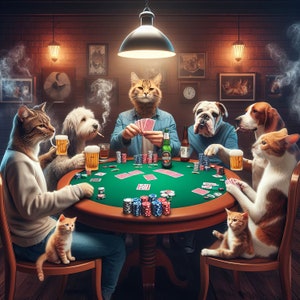 ポーカー テーブルを囲む猫と犬、動物、ユーモア、カード テーブル、ビリヤード テーブル、壁の装飾、ギフト、男の隠れ家、DLF 写真