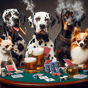 高額ポーカーゲームをする犬たち - 動物ユーモアカードテーブルビリヤードテーブル壁装飾ギフト男の隠れ家 DLF 写真