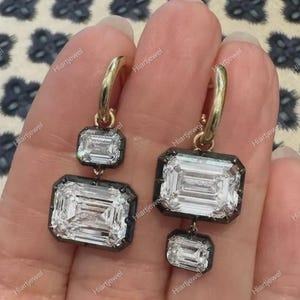 Georgian Cut Down Button Back Setting Emerald Moissanite with Small Emerald Moissanite Hoop Earrings, Drop Earrings, Victorian Style Vintage