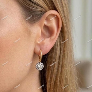 Round Cut Moissanite Earrings, Georgian Style Dangle Drop Earring, Victorian Earrings, Blackened Gold Small Hoop Halo Flower Design Earrings