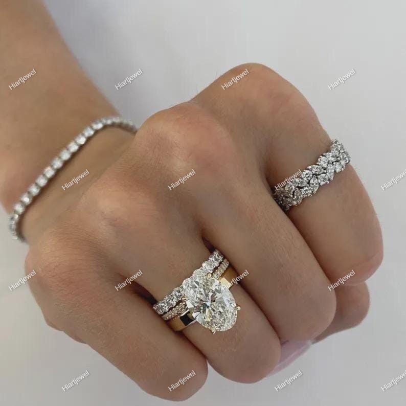 3CT Oval Cut Moissanite Engagement Ring Set Solitaire Ring With Two ...