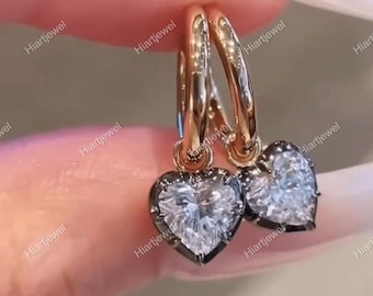 Gypset Hoop Earrings 6mm Heart Moissanite Set In Georgian Style Cut-Down Setting Blackened White Gold & Yellow Gold Georgian Look Earring