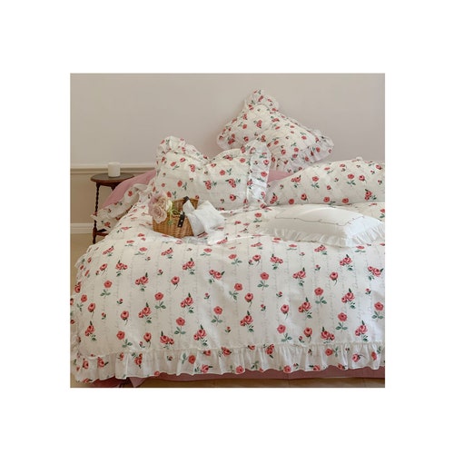 Ruffle Floral Pink Princess Duvet Cover Set Bedding Set, 100% Cotton Twin Full Queen Rustic shops Floral Bedding Set Duvet Cover Sheet Pillowcases