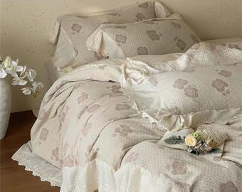 Ruffle Bedding Set, Rustic Soft Double-layered Gauze Cotton Duvet Cover Set, Botanical Bedding Set, Bedding Aesthetics