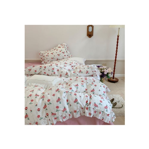 Ruffle Floral Pink Princess Duvet Cover Set Bedding Set, 100% Cotton Twin Full Queen Rustic shops Floral Bedding Set Duvet Cover Sheet Pillowcases