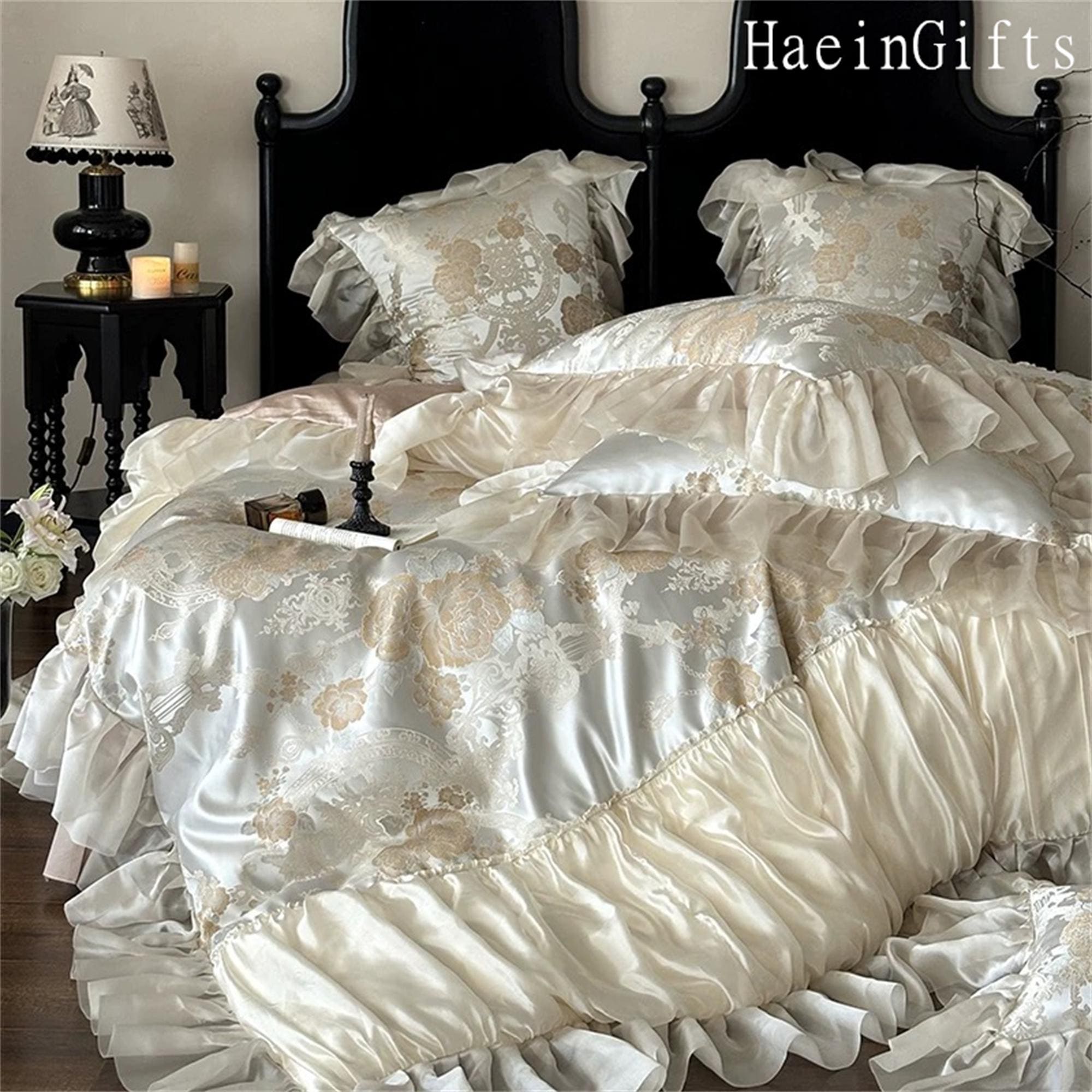Luxury Floral Ruffle Cotton Bedding Set, Cream Jacquard Duvet Cover, Soft Pink Flat Sheet, Princess Duvet Cover Set, Bedding Aesthetics