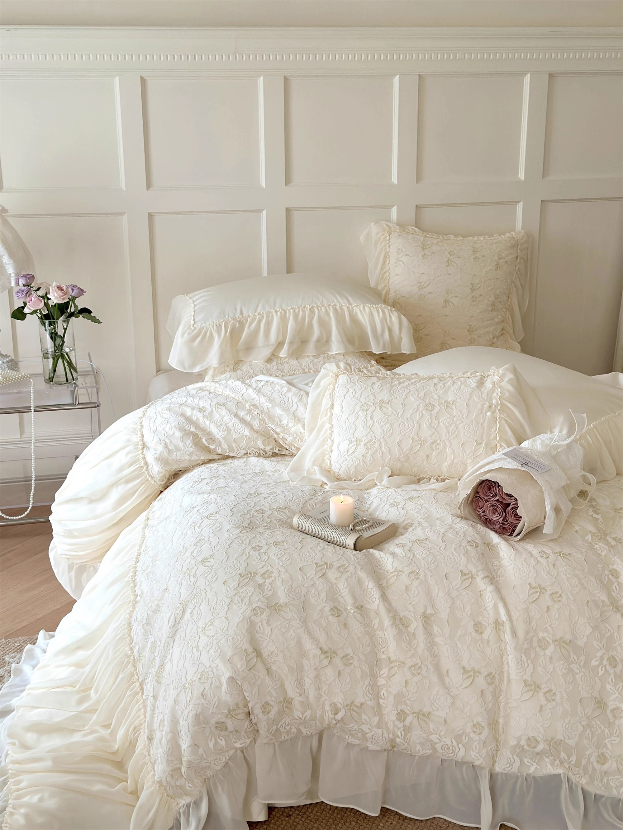 Ruffle Floral Lace Embroidered Bedding Pale Pink Offwhite Etsy