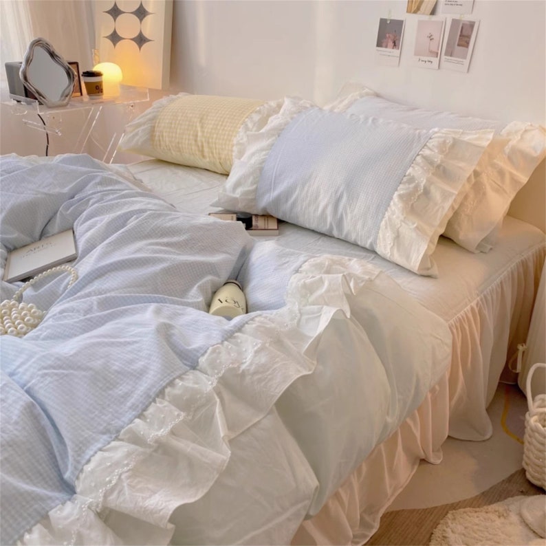 Cute Ruffle Plaid Cotton Duvet Cover Set Bedding Set Cotton Twin Full Queen King 4pcs Princess