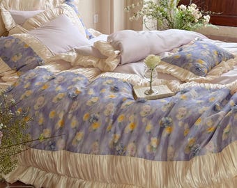 Juego de ropa de cama rústica floral, juego de funda nórdica con lazo y volantes, juego de ropa de cama de algodón morado de fibra larga, estética de la ropa de cama