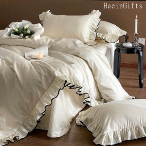 Jacquard Ruffle Bedding Set, Beige Duvet Cover Set, Cream Luxury Long Staple Cotton Bedding Set, Bedding Aesthetics