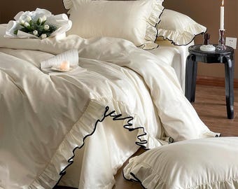 Jacquard Ruffle Bedding Set, Beige Duvet Cover Set, Cream Luxury Long Staple Cotton Bedding Set, Bedding Aesthetics