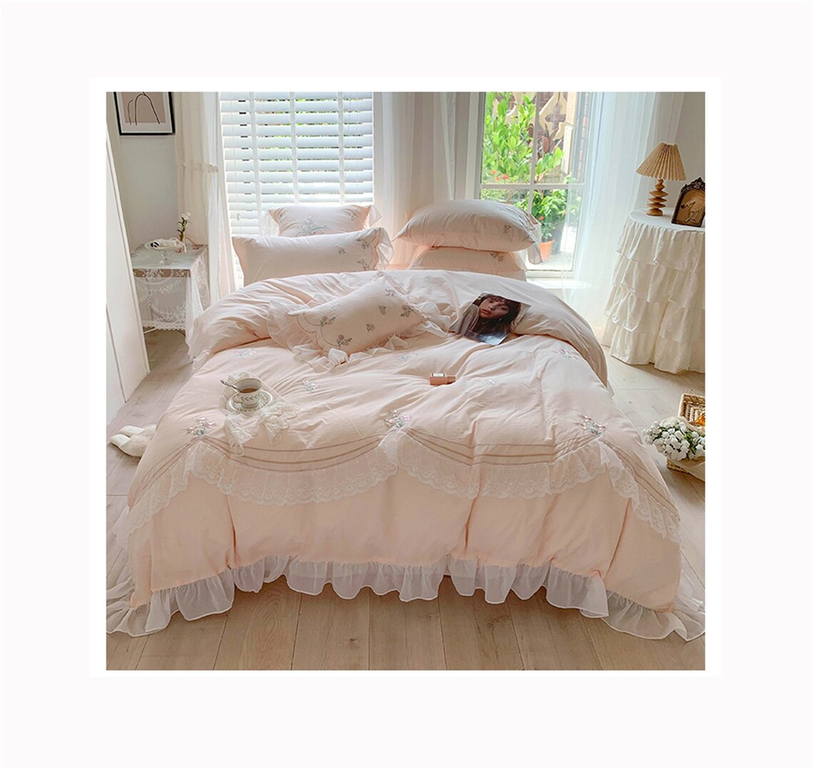Princess Cotton Lace Embroidered Bedding Set Ruffled Duvet Etsy