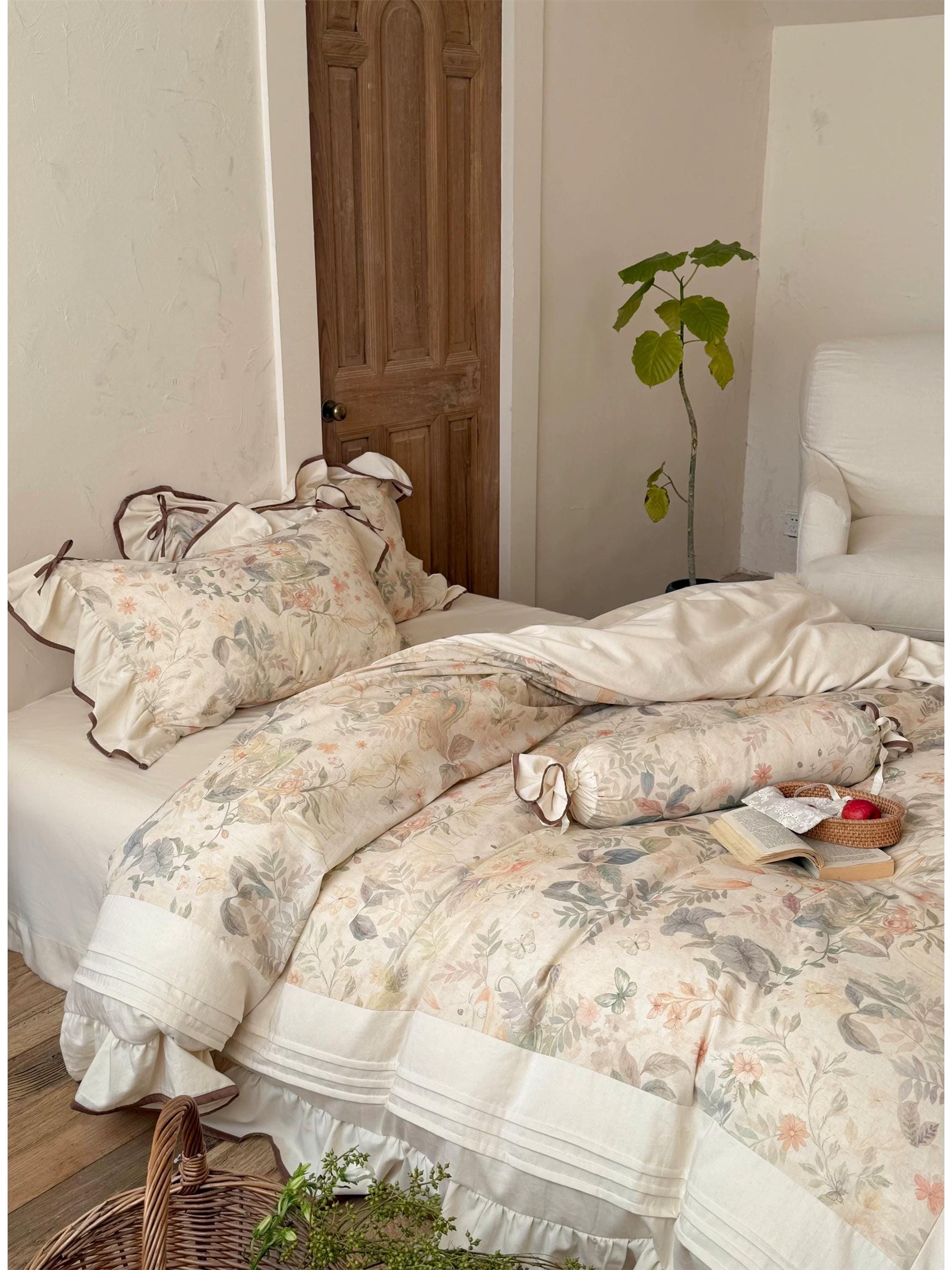 Shabby Chic Ruffled Bedding Set, Rustic Cotton Linen Duvet Cover Set ...