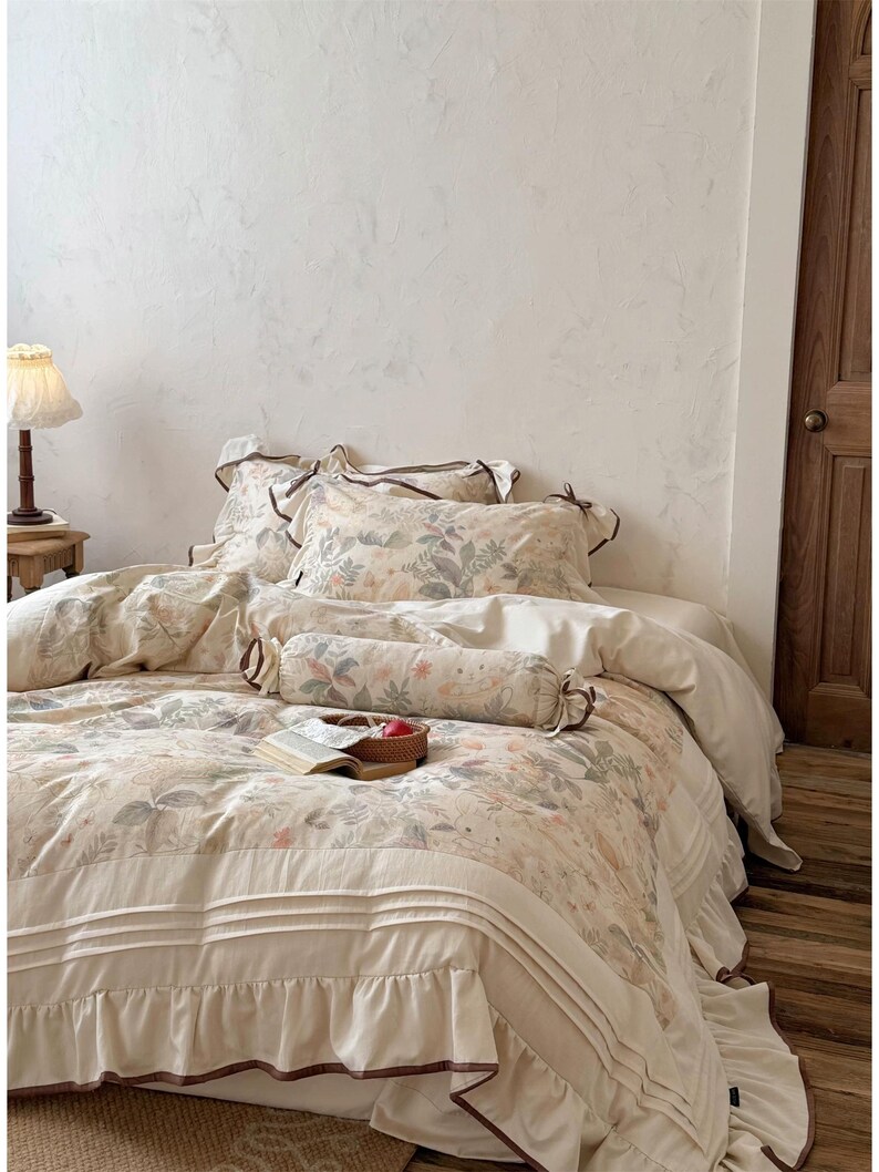 Shabby Chic Ruffled Bedding Set, Rustic Cotton Linen Duvet Cover Set ...