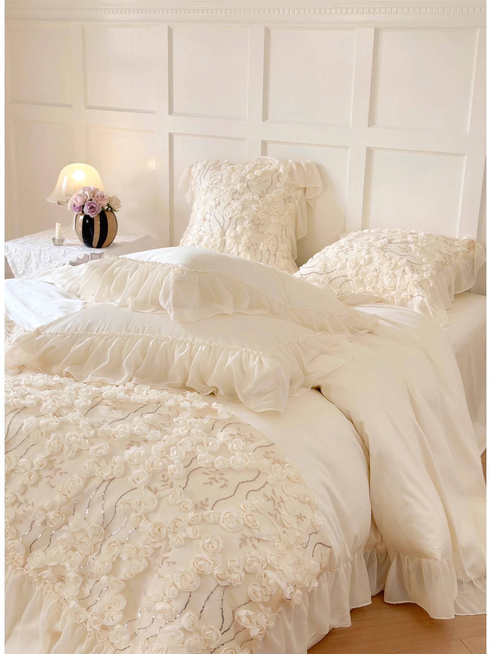 Ruffle Floral Embroidered Bedding 2 Colors Duvet Cover Set Etsy